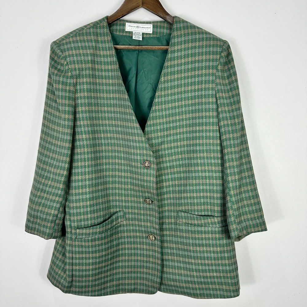 Vintage Maggie Lawrence Blazer 14/16W Green Houndstooth‎ Plaid Preppy Old Money